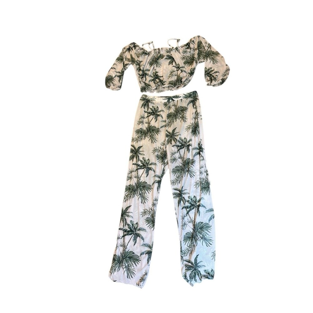 SHEIN Swimwear Cover Up Set Size Girls 12/13 Years Mesh White Green Palm Trees